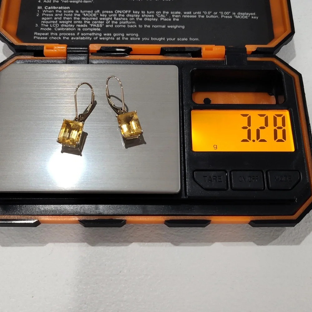 14k White Gold Emerald Cut Citrine Leverback Earrings - Picture 11 of 15